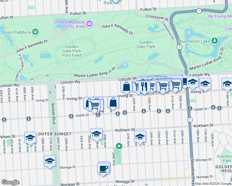 map of restaurants, bars, coffee shops, grocery stores, and more near 1249 28th Avenue in San Francisco