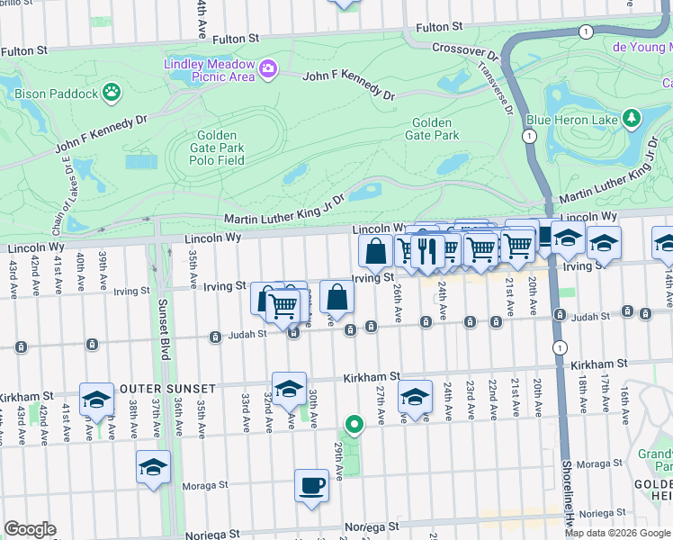 map of restaurants, bars, coffee shops, grocery stores, and more near 1249 28th Avenue in San Francisco