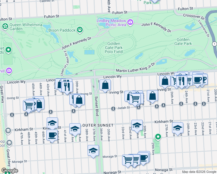 map of restaurants, bars, coffee shops, grocery stores, and more near 1235 35th Avenue in San Francisco