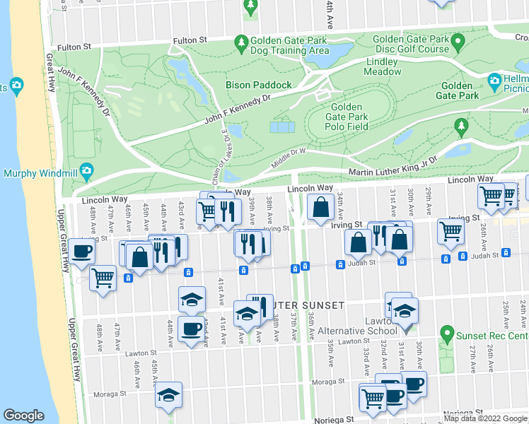 map of restaurants, bars, coffee shops, grocery stores, and more near 1226 38th Avenue in San Francisco