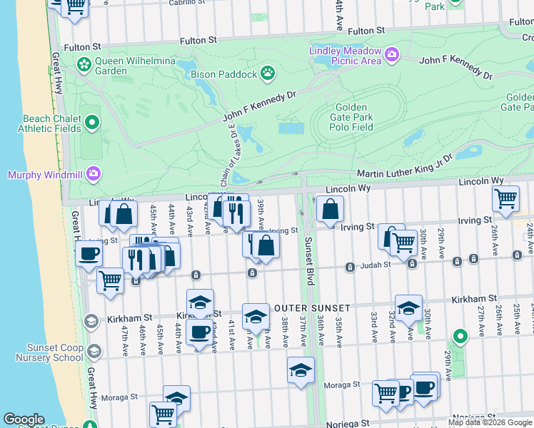 map of restaurants, bars, coffee shops, grocery stores, and more near 1223 39th Avenue in San Francisco
