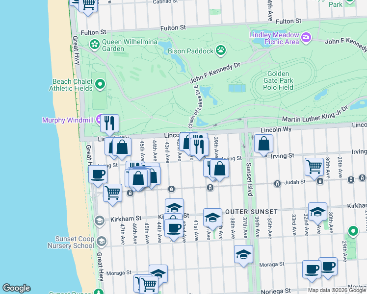 map of restaurants, bars, coffee shops, grocery stores, and more near 4101 Lincoln Way in San Francisco
