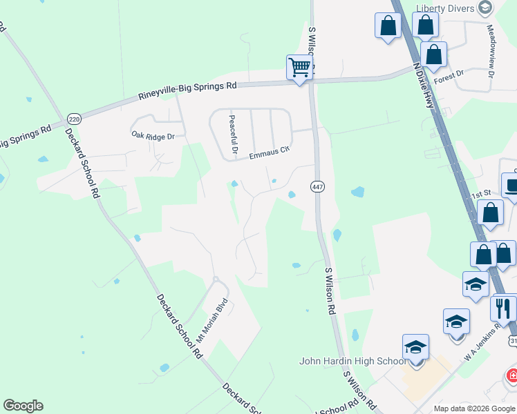 map of restaurants, bars, coffee shops, grocery stores, and more near Pintail Court in Elizabethtown