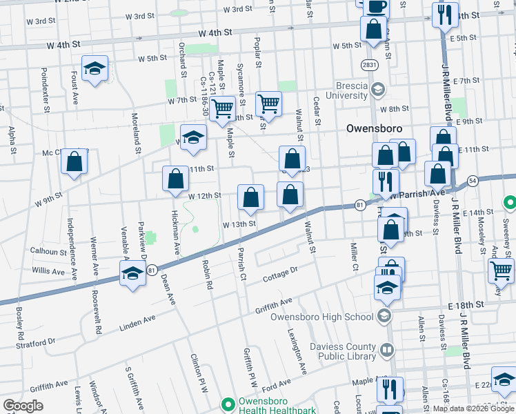 map of restaurants, bars, coffee shops, grocery stores, and more near 904 W 12th St in Owensboro