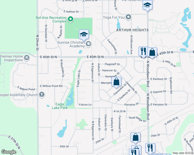 map of restaurants, bars, coffee shops, grocery stores, and more near 4450 Auburn Street in Bel Aire