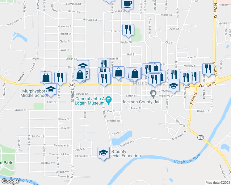 map of restaurants, bars, coffee shops, grocery stores, and more near 1520 Spruce Street in Murphysboro