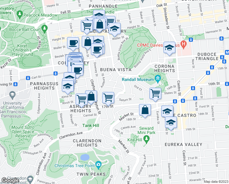 map of restaurants, bars, coffee shops, grocery stores, and more near 215 Upper Terrace in San Francisco