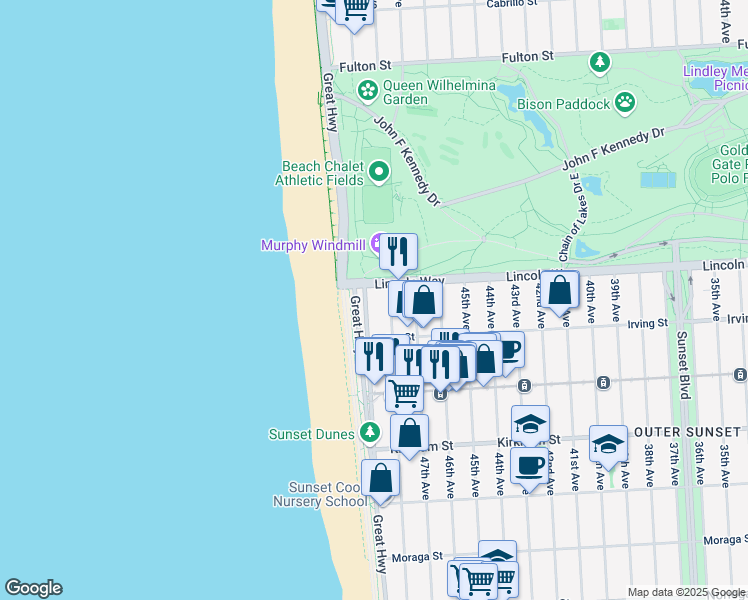 map of restaurants, bars, coffee shops, grocery stores, and more near 1220 La Playa Street in San Francisco