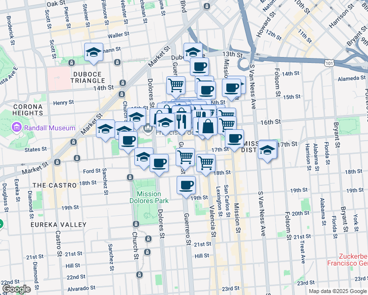 map of restaurants, bars, coffee shops, grocery stores, and more near 60 Camp Street in San Francisco