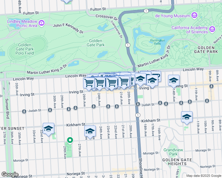 map of restaurants, bars, coffee shops, grocery stores, and more near 2116 Irving St in San Francisco