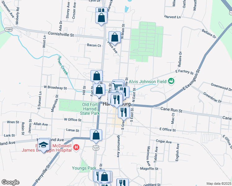 map of restaurants, bars, coffee shops, grocery stores, and more near 111 W Broadway St in Harrodsburg
