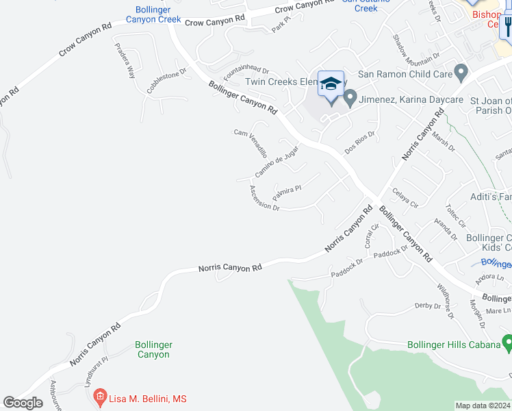 map of restaurants, bars, coffee shops, grocery stores, and more near 2427 Ascension Drive in San Ramon