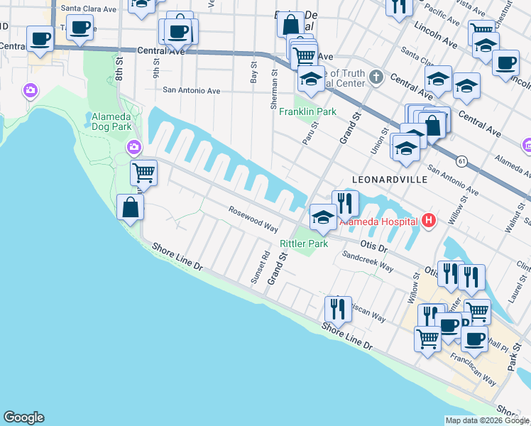 map of restaurants, bars, coffee shops, grocery stores, and more near 1226 Otis Drive in Alameda