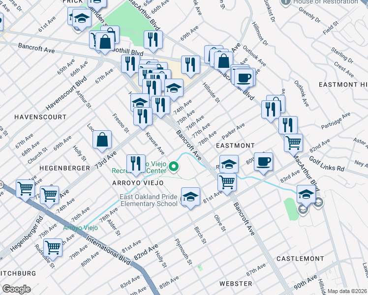 map of restaurants, bars, coffee shops, grocery stores, and more near in Oakland