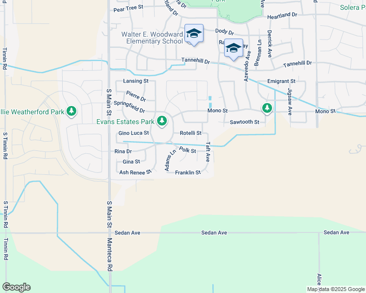 map of restaurants, bars, coffee shops, grocery stores, and more near 499 Polk Street in Manteca