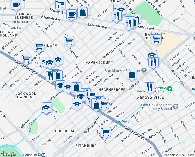 map of restaurants, bars, coffee shops, grocery stores, and more near 1724 68th Avenue in Oakland
