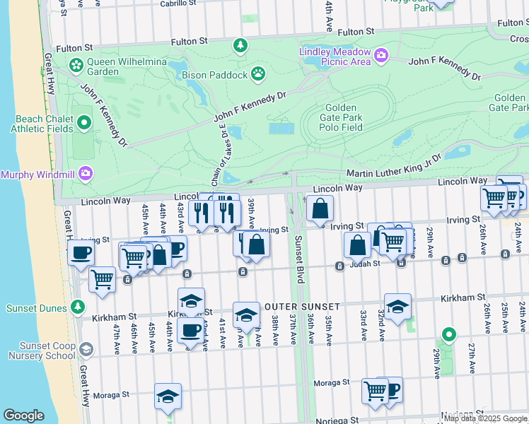 map of restaurants, bars, coffee shops, grocery stores, and more near 1226 38th Avenue in San Francisco