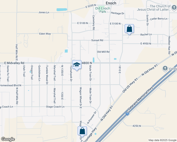 map of restaurants, bars, coffee shops, grocery stores, and more near 4725 Mule Train Drive in Cedar City