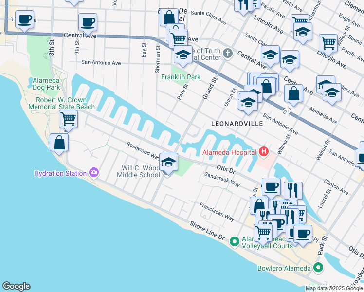 map of restaurants, bars, coffee shops, grocery stores, and more near 610 Grand Street in Alameda