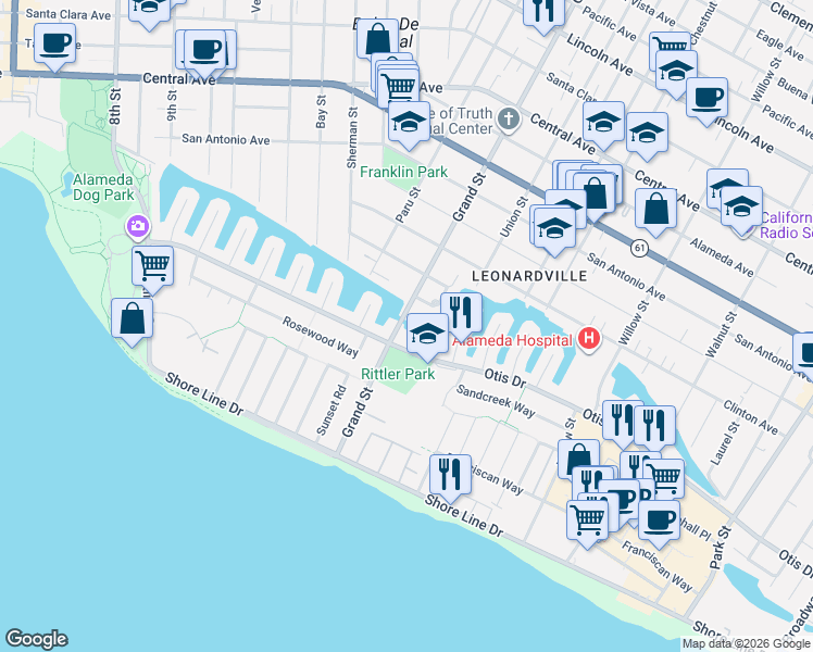 map of restaurants, bars, coffee shops, grocery stores, and more near 615 Grand Street in Alameda