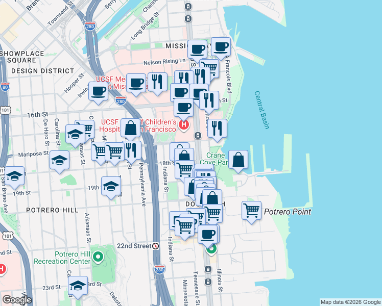 map of restaurants, bars, coffee shops, grocery stores, and more near in San Francisco