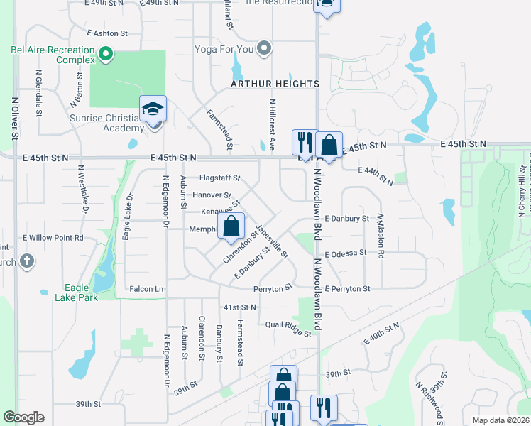 map of restaurants, bars, coffee shops, grocery stores, and more near 4427 Gunnison Street in Bel Aire