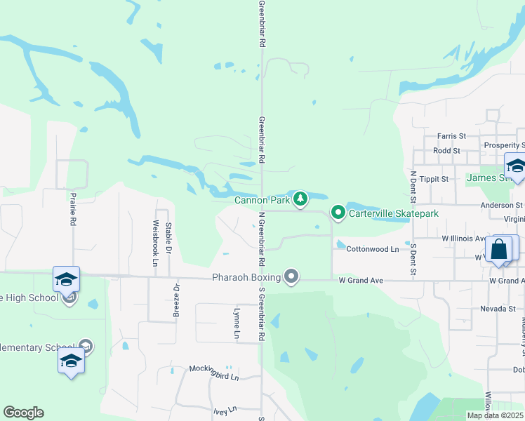 map of restaurants, bars, coffee shops, grocery stores, and more near 301 North Greenbriar Road in Carterville