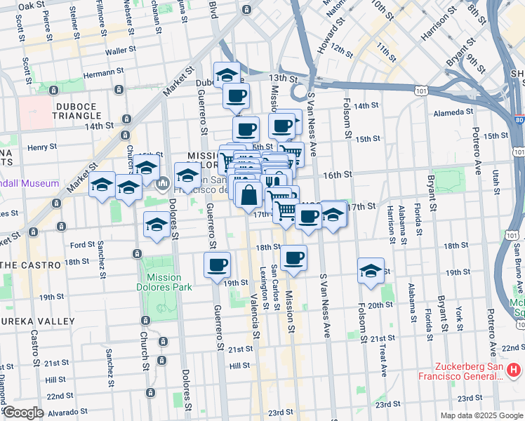 map of restaurants, bars, coffee shops, grocery stores, and more near 3083 16th Street in San Francisco