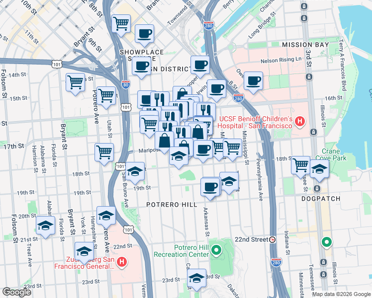 map of restaurants, bars, coffee shops, grocery stores, and more near 1601 Mariposa Street in San Francisco