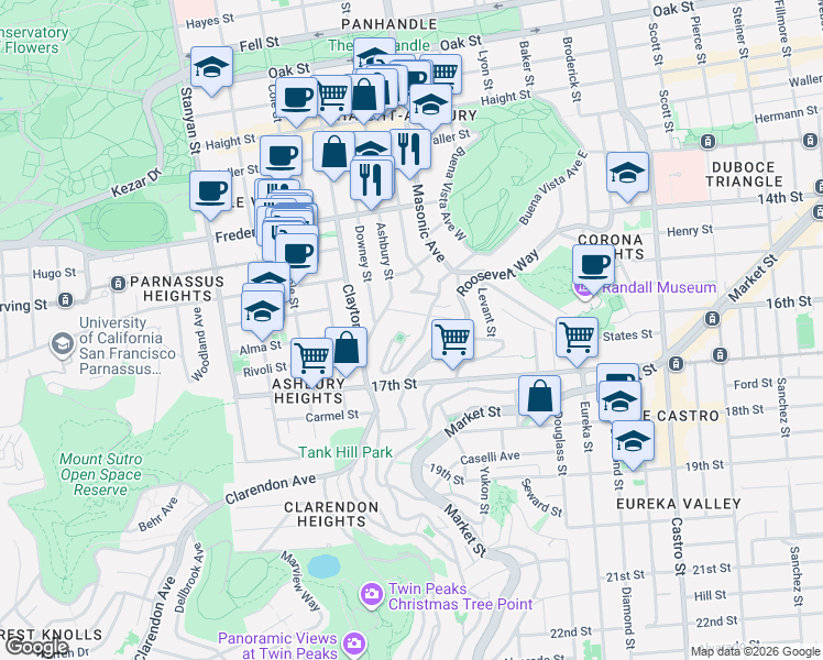 map of restaurants, bars, coffee shops, grocery stores, and more near 455 Upper Terrace in San Francisco