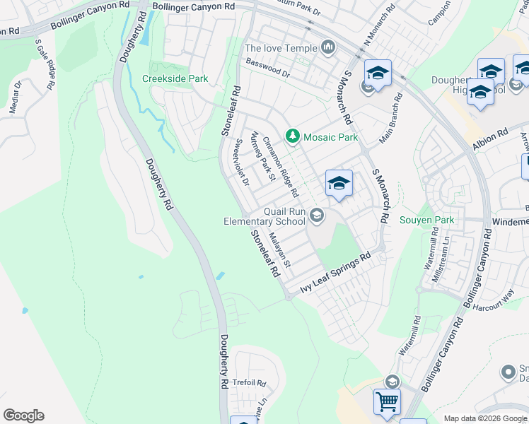 map of restaurants, bars, coffee shops, grocery stores, and more near 100 Beechtree Lane in San Ramon