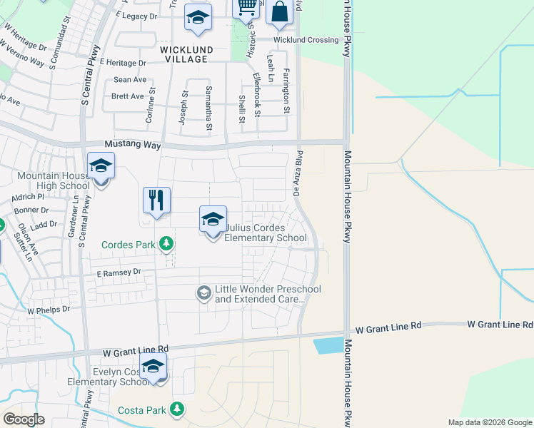 map of restaurants, bars, coffee shops, grocery stores, and more near 525 East Fuschia Way in Tracy