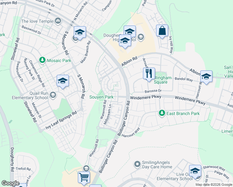 map of restaurants, bars, coffee shops, grocery stores, and more near 1000 Amberstone Lane in San Ramon