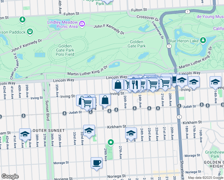 map of restaurants, bars, coffee shops, grocery stores, and more near 1249 28th Avenue in San Francisco