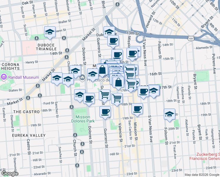 map of restaurants, bars, coffee shops, grocery stores, and more near 151 Albion Street in San Francisco