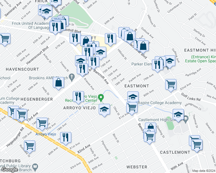 map of restaurants, bars, coffee shops, grocery stores, and more near 7701 Bancroft Avenue in Oakland