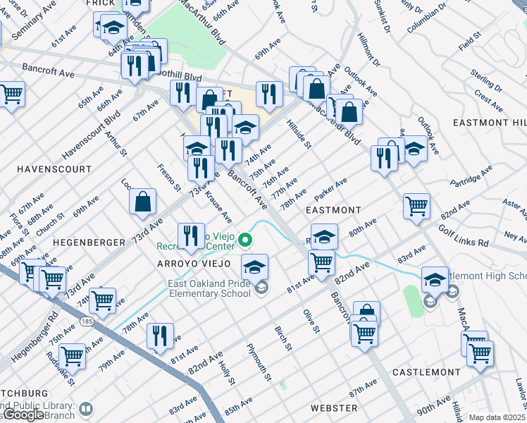 map of restaurants, bars, coffee shops, grocery stores, and more near 7701 Bancroft Avenue in Oakland