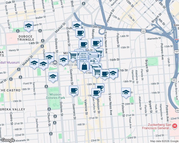 map of restaurants, bars, coffee shops, grocery stores, and more near 3083 16th Street in San Francisco