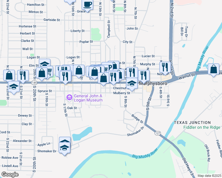 map of restaurants, bars, coffee shops, grocery stores, and more near 1023 Chestnut Street in Murphysboro