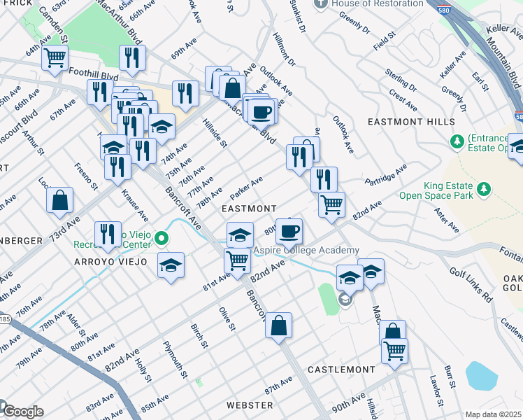map of restaurants, bars, coffee shops, grocery stores, and more near 2714 79th Avenue in Oakland