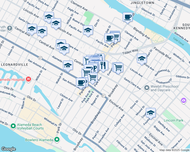 map of restaurants, bars, coffee shops, grocery stores, and more near 2404 Central Avenue in Alameda