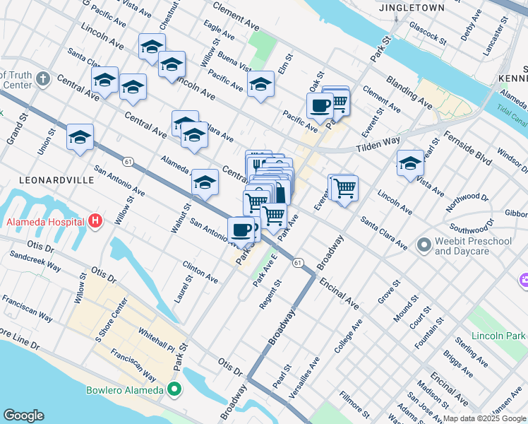 map of restaurants, bars, coffee shops, grocery stores, and more near 2317 Central Avenue in Alameda