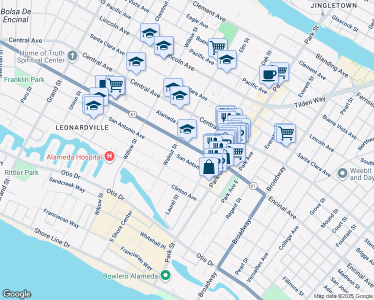map of restaurants, bars, coffee shops, grocery stores, and more near 2224 Alameda Avenue in Alameda
