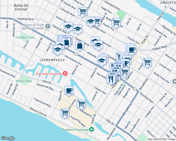 map of restaurants, bars, coffee shops, grocery stores, and more near 2137 San Antonio Avenue in Alameda