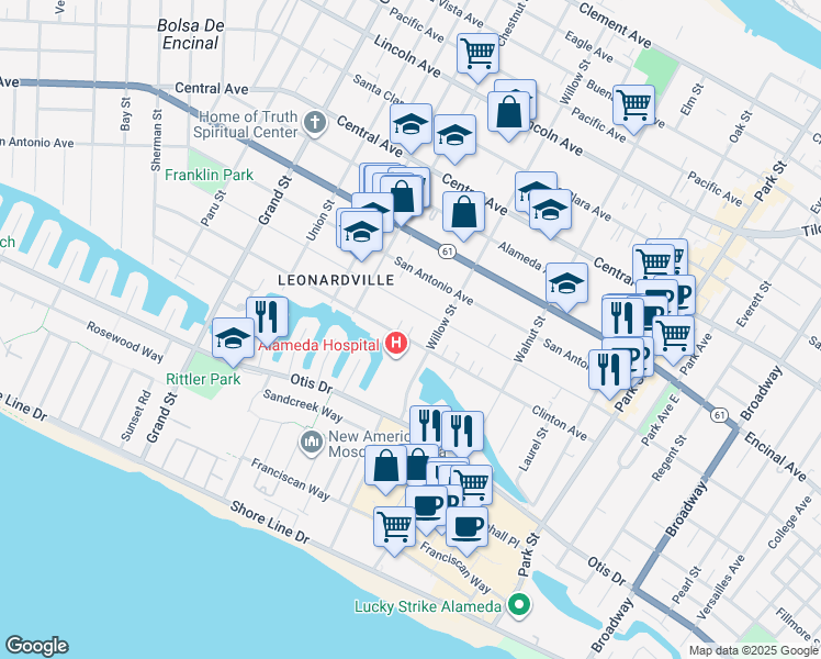 map of restaurants, bars, coffee shops, grocery stores, and more near 2056 San Jose Avenue in Alameda