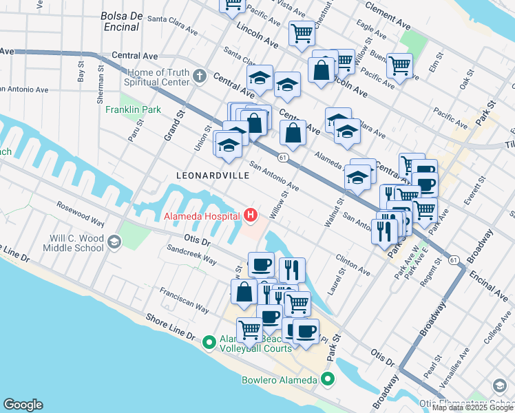 map of restaurants, bars, coffee shops, grocery stores, and more near 2056 San Jose Avenue in Alameda