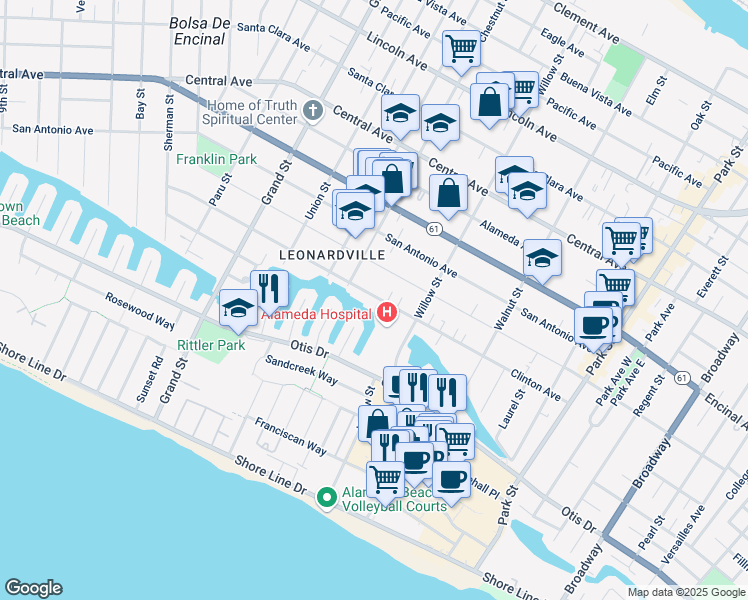 map of restaurants, bars, coffee shops, grocery stores, and more near 2025 Clinton Avenue in Alameda