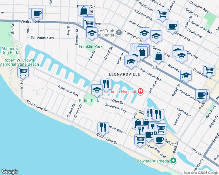 map of restaurants, bars, coffee shops, grocery stores, and more near 641 Waterview Isle in Alameda