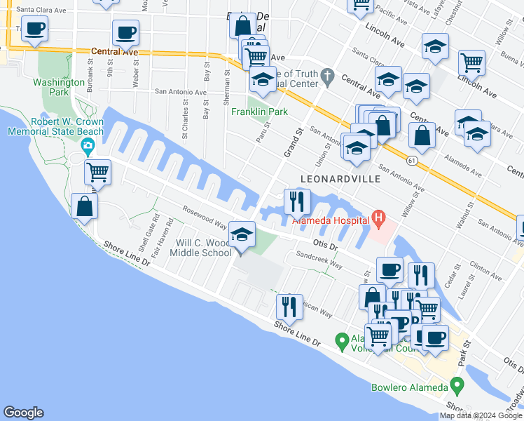 map of restaurants, bars, coffee shops, grocery stores, and more near 615 Grand Street in Alameda