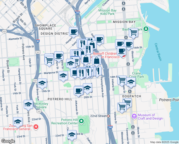 map of restaurants, bars, coffee shops, grocery stores, and more near 1144 Mariposa Street in San Francisco